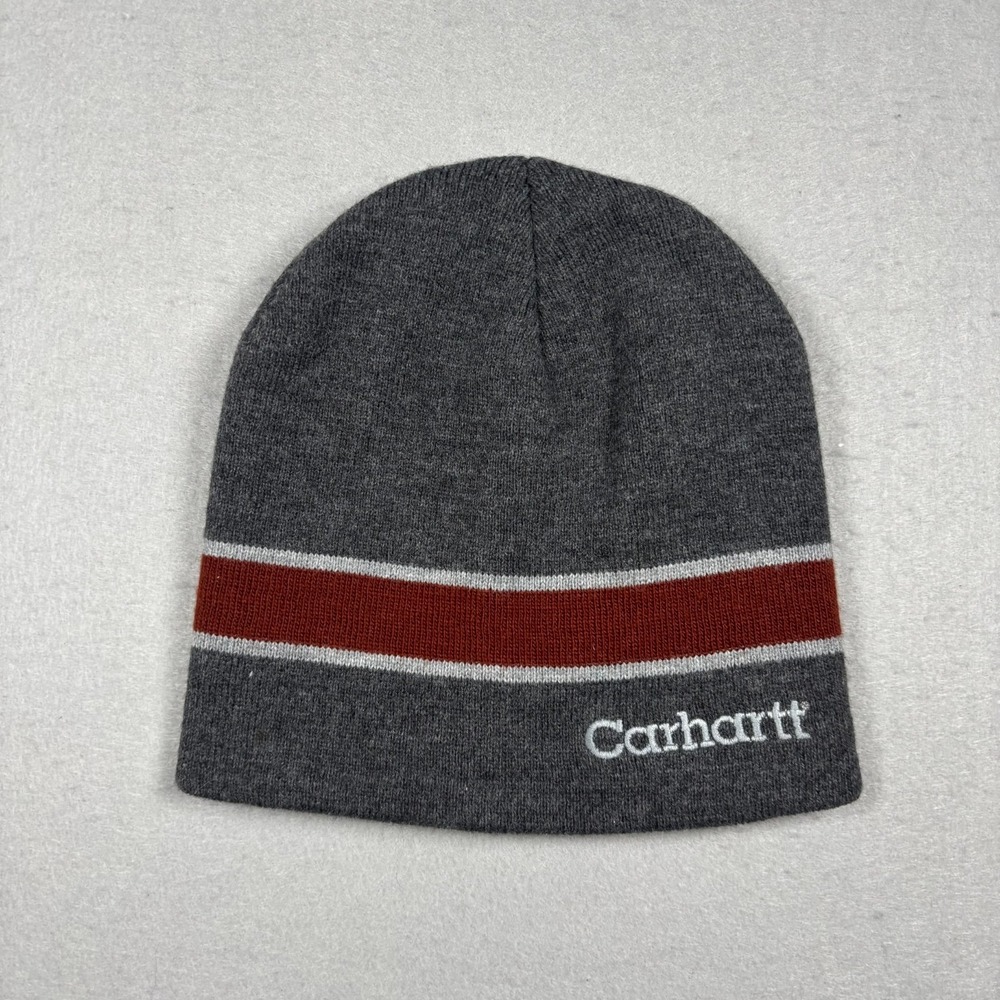 Vintage Carhartt Knit Beanie Grey Maroon Striped Unisex OSFM Workwear Cap Hat